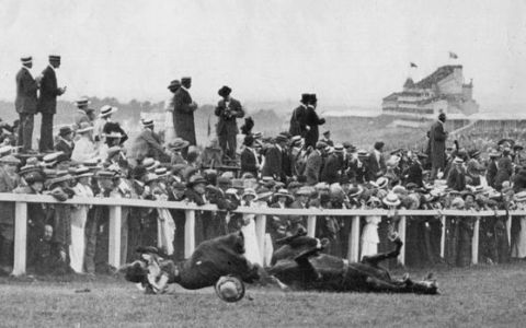 Caught on film: the moment the King's horse ran Emily Davison down at the Epsom Derby in 1913. Photo: Getty Images Caught on film: the moment the King's horse ran Emily Davison down at the Epsom Derby in 1913. Photo: Getty Images