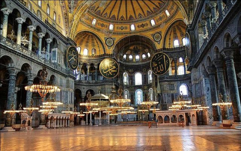 ‘Holy Wisdom’: Muslim calligraphic panels overhang the interior of Hagia Sophia. Photo: Wikimedia