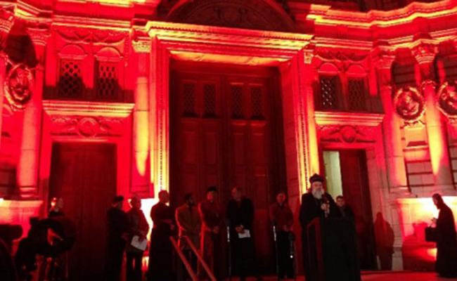 Syriac Patriarch Ignatius Ephrem II addressing the crowd on Red Wednesday this week, when Westminster Palace, Abbey and Cathedral were lit up in red for the blood of persecuted Christians.